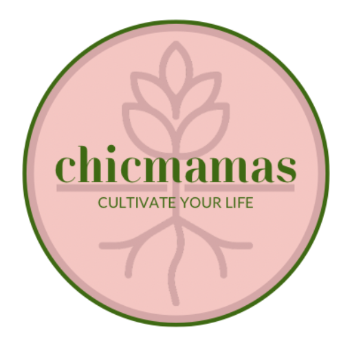 ChicMamas logo featuring a circular design with a soft pink background and a thin green border. At the center, there is a minimalist line drawing of a plant with roots and leaves in a muted mauve color. The brand name 'chicmamas' is displayed in elegant green serif font, with a thin horizontal line underneath. Below the line, the tagline 'CULTIVATE YOUR LIFE' appears in uppercase gold sans-serif font.